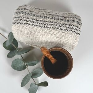 Handmade Stoneware Cup 1979 | Ceramic Vessel with Wood Spoon & Towel